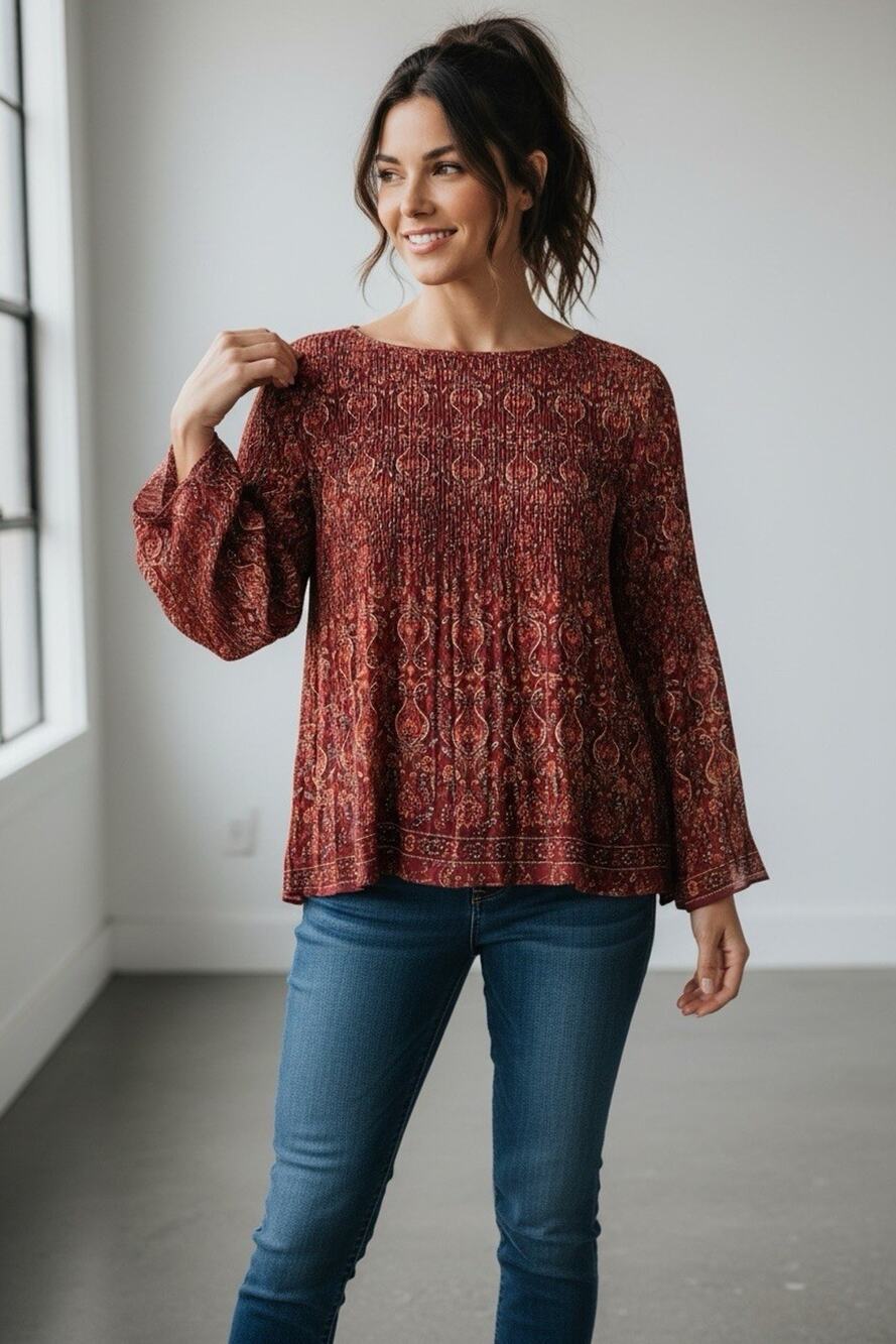 Maxi Studio Women's Pleated Printed Crepe Top Red Flare Sleeves Size M Boho